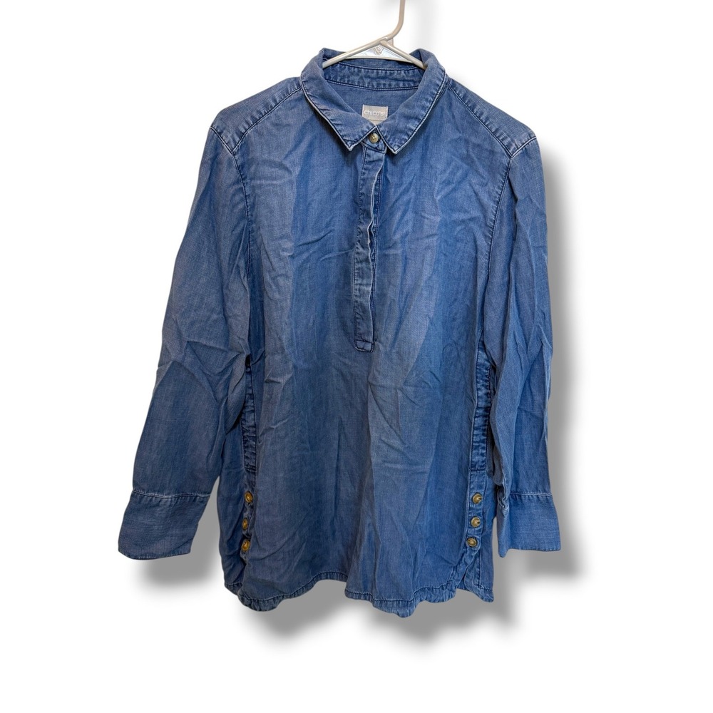 Chico's Tencel Lyocell Tunic Womens 16/18 Blue Chambray Side Button Popover